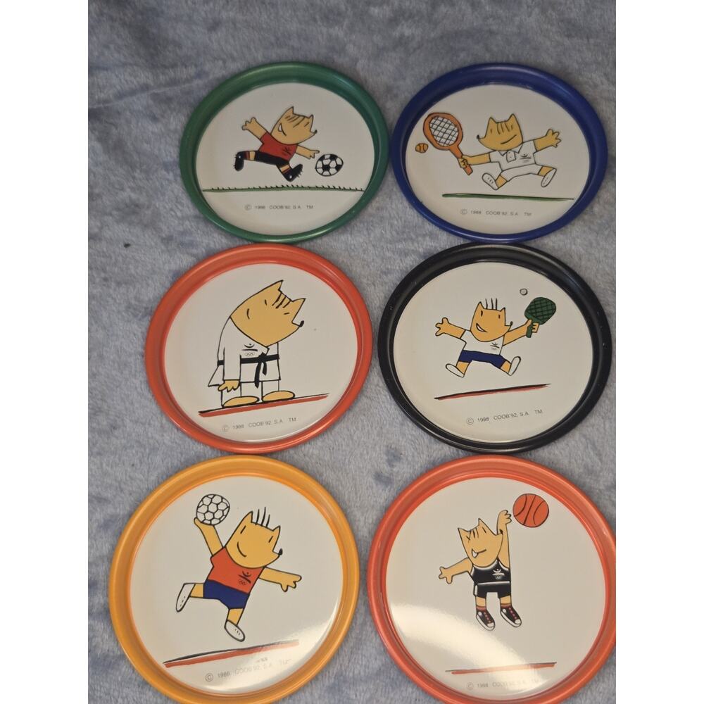 COOB'92 Cobi Cartoon Olympic Round Plastic Coaster Set of 6 Vintage 1988